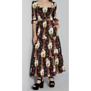 New Hutch Modcloth Lets Go Boho Tiered Maxi Dress Brown Black Faces Belted Sz 0